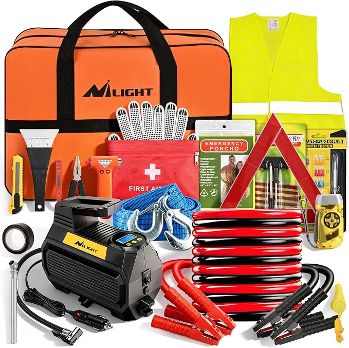 Car Emergency Kit with Jumper Cable, First Aid Kit Safety Assistance Tools for Travel Camping Outdoor Cars Truck SUV RV, Roadside Essentials with Flash Light