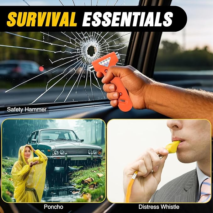 Car Emergency Kit with Jumper Cable, First Aid Kit Safety Assistance Tools for Travel Camping Outdoor Cars Truck SUV RV, Roadside Essentials with Flash Light
