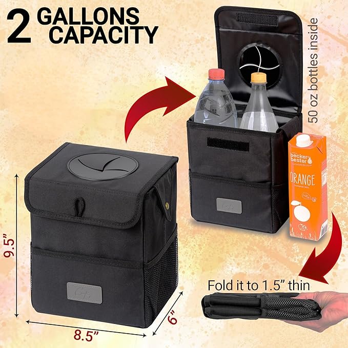 Car Trash Can [Touring Edition] - Removable Liner - 100% Leakproof, Odor Control Lid, Hanging Garbage Bin for SUV, Truck, Car (2 Gal, Black)