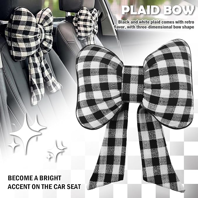 2026 New Bow Car Neck Pillow,Stylish Car Headrest Pillow with Black & White Check for Cars Decorations,Breathable Comfortable Neck Pillows for Cars as Halloween