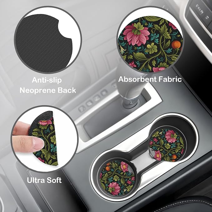 Vintage Botanical Peony Floral Steering Wheel Cover for Women, Anti-Slip Car Steering Wheel Cover with 2 Pcs Cup Holders Neoprene Breathable Car Accessories Universal 15 Inch Auto Interior Decor