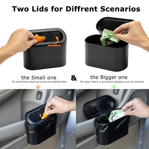 2 Pack Mini Car Trash Can with Lid, Small Car Garbage Can, Cute Leakproof ABS Trash Bin, Cars Accessories for Interior, Garbage Bin for Car, Home, Office with 120pcs Trash Bags Black