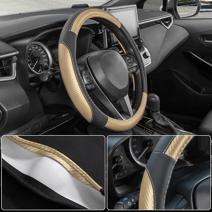 Steering Wheel Cover for Car, Standard Size 14.5-15 inch, Auto Interior Accessories, Black with Golden Carbon Fiber Pattern