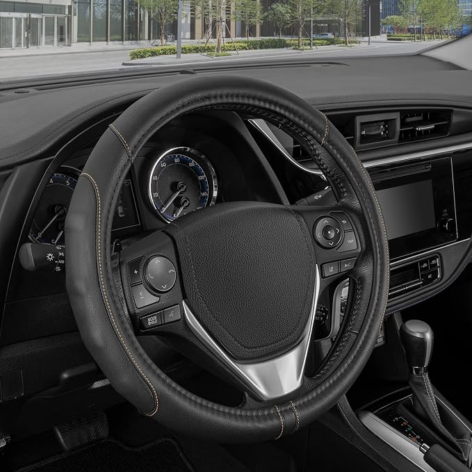 GripDrive Faux Black Leather Steering Wheel Cover for Car Truck Van SUV, Standard 15 inch Size, Beige Accent Stitched Car Steering Wheel Cover Vehicle & Auto Accessories