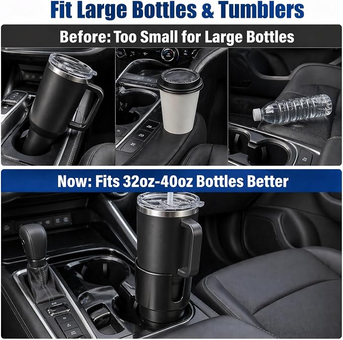 Car Cup Holder Expander for Large Bottles, Fits 32 oz to 40 oz Water Bottles and Handle Mugs, Secure Base for Most Vehicle Cup Holders, Durable ABS, Easy to Install, Durable ABS (Black)