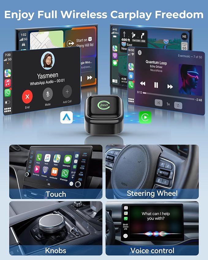 2-in-1 Wireless CarPlay & Android Auto Adapter – Instant Auto-Connect, Low Latency, USB-C & USB-A Compatible for Factory Wired CarPlay Vehicles
