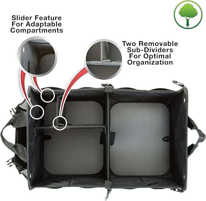 Trunk Organizer For Car, Suv, Truck | Premium Adjustable Multi Compartments Collapsible Car Trunk Organizer With Securing Straps & Non-Slip Bottom (Large Size, Black)