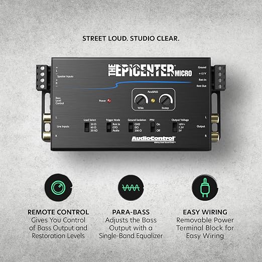 The EPICENTER Micro Bass Restoration Processor & Line Output Converter, Compact Car Audio Bass Booster Enhancer, Line Level & Speaker Level Inputs, Includes Dash Mount Remote Control Knob