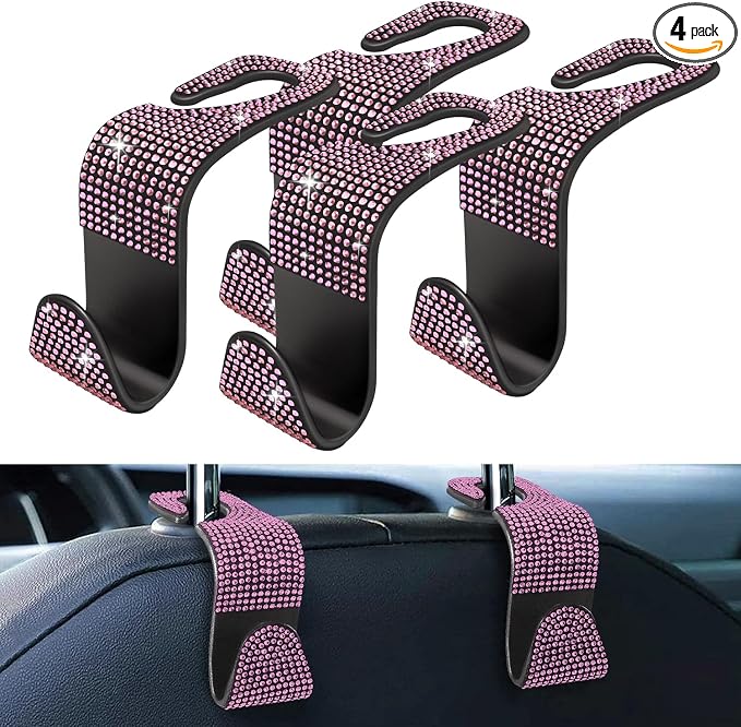 4 Pack Blink Diamond Car Seat Headrest Hooks Crystal Rhinestone Car Purse Holder Universal Interior Accessories for Handbags, Water Bottles, Coats, Umbrellas, Pink