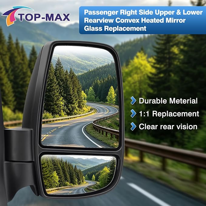 Passenger Right Side Upper & Lower Rearview Convex Heated Mirror Glass Replacement With Rear Holder fit Ford Transit 150 250 350 from 2015 to 2023