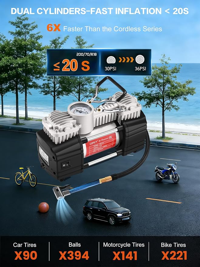Portable Tire Inflator Heavy Duty Metal 12V Air Compressor Pump | 6X Faster Inflation Double Cylinder 150Psi with Extension Air Hose,LED Lights Air Pump for Car,SUV,RV,Truck,Balls,Bicycle