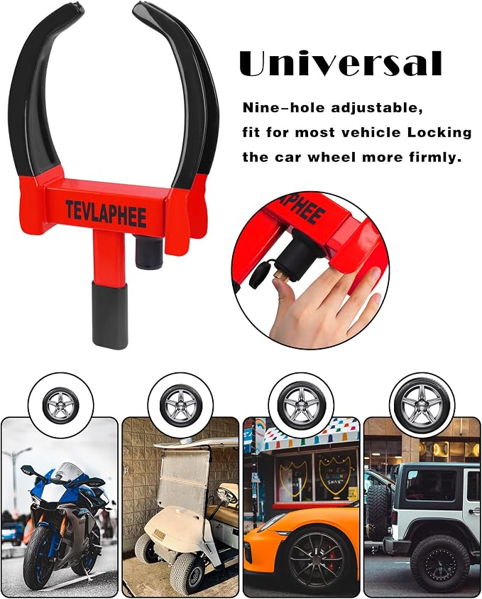 Universal Wheel Lock Heavy Duty Security Trailer Wheel Lock Anti Theft Wheel Locks for Cars SUV Camper Motorcycle Trailer Great Deterrent Bright Color with 3 Keys (Black-red)