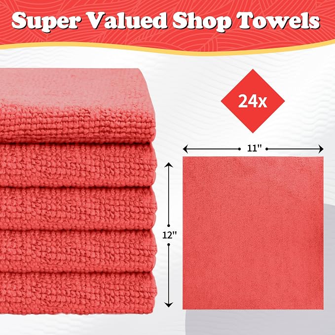 Microfiber Cleaning Cloth, Shop Towels Bulk, 24 Pack Red Microfiber Towels for Cars, All-Purpose Absorbent Cleaning Rags, Dust Cloth for Automotive, Mechanic, Garage, Bar, 12 x 11 inch