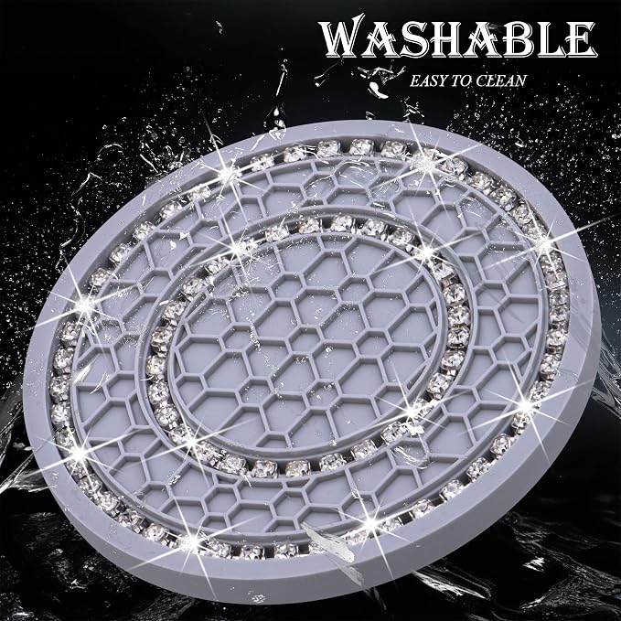 2PCS Bling Crystal Rhinestone Cup Holder Coaster, 2.75 inch Soft Silicone Anti-Slip Shockproof, Car Cup Holder Insert Coasters, Universal Car Interior Accessories for Women (Gray & White)