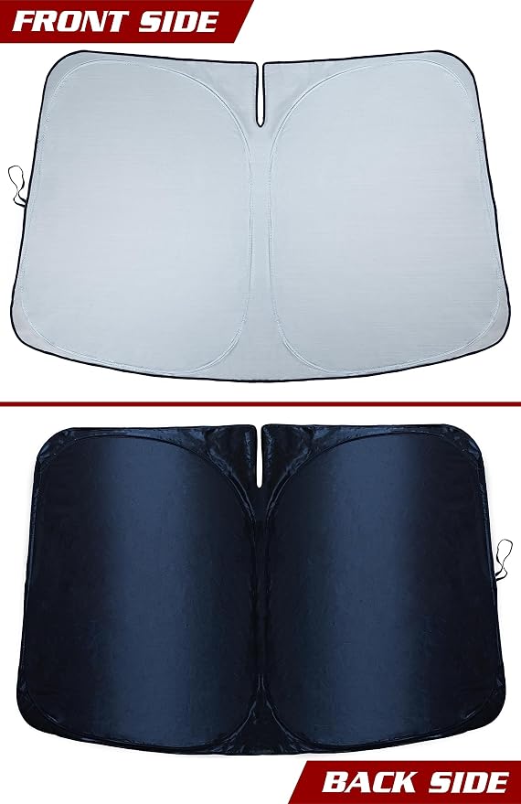 Tesla Windshield Sun Shade (Model 3/Y), Reflective Polyester Blocks Heat & Sun, Foldable Car Window Sun Blocker, Mirror Cut-Out, Fade-Resistant Sunshade, Tesla 3 Accessories (Pack of 2)