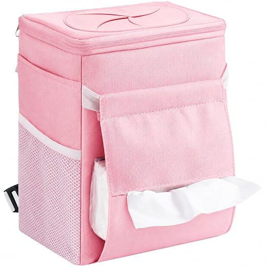 Car Trash Bin, 2 Gallon Leakproof Waterproof Vehicle Garbage Can with Lid & Tissue Holder, Car Interior Organizer for Front/Back/Console, Automotive Accessory, Pink