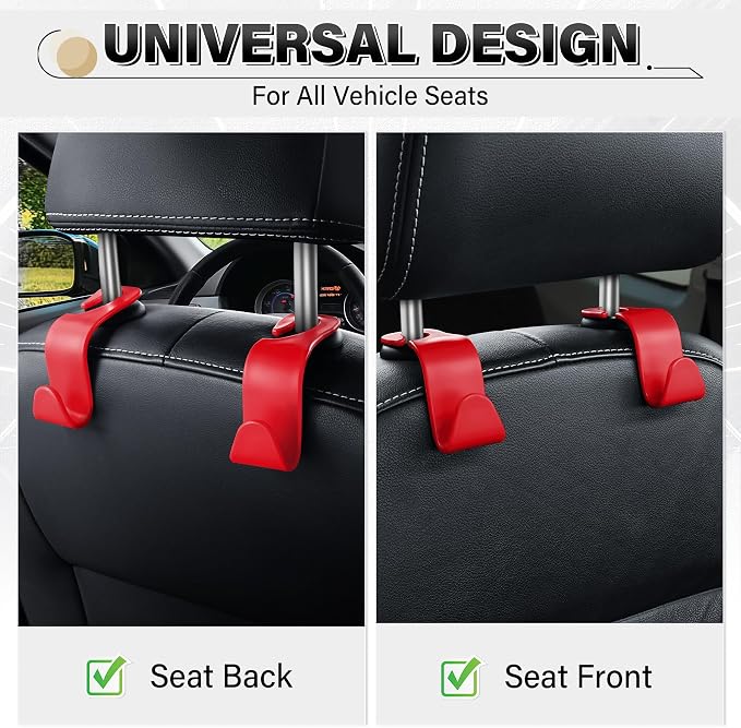 4 Pack Car Seat Headrest Hooks, Vehicle Back Seat Hanger Storage Organizer for Purse Handbag Backpack Coat Grocery, 360° Rotating Heavy Duty Holds 44lbs, Red