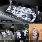 Car Seat Headrest Hook, Universal Leather Cute Hanger Holder Hook, Storage Organizer Interior Accessories for Purse Bags Handbag Luxury Blue Flowers