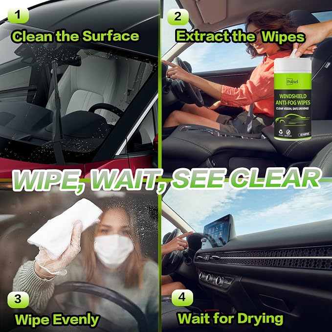 Glass Anti-Fog Wipes Pre-moistened Quick Antifog Defogger Prevent Fogging on Car Windshield, Mirror, Shower Door, Window, Helmets, Goggles Resealable Bottle Pack - 40 Wipes