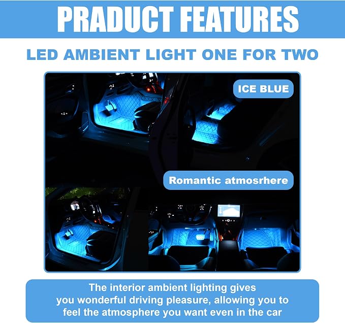 Car LED Strip Light, 24 LED 12V Cigarette Lighter Port, Ice Blue | RGB Neon Auto Interior Atmosphere Lights, Under Dash Ambient Night Light, Universal Decorative Lamp Accessory for Car Truck