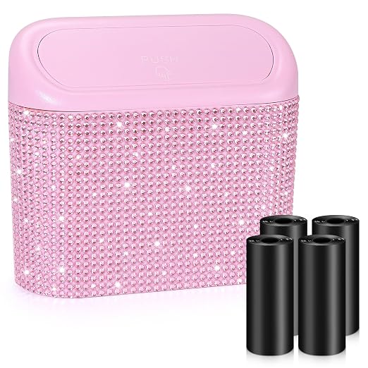 Bling Pink Car Trash Can with Lid, Mini Auto Garbage Storage Bin with 60 Trash Bags, Small Car Garbage Container Bin, Sparkling Crystal Vehicle Dustbin for Front Back Seat Accessories for Cars