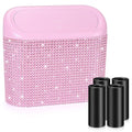 Bling Pink Car Trash Can with Lid, Mini Auto Garbage Storage Bin with 60 Trash Bags, Small Car Garbage Container Bin, Sparkling Crystal Vehicle Dustbin for Front Back Seat Accessories for Cars