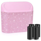 Bling Pink Car Trash Can with Lid, Mini Auto Garbage Storage Bin with 60 Trash Bags, Small Car Garbage Container Bin, Sparkling Crystal Vehicle Dustbin for Front Back Seat Accessories for Cars