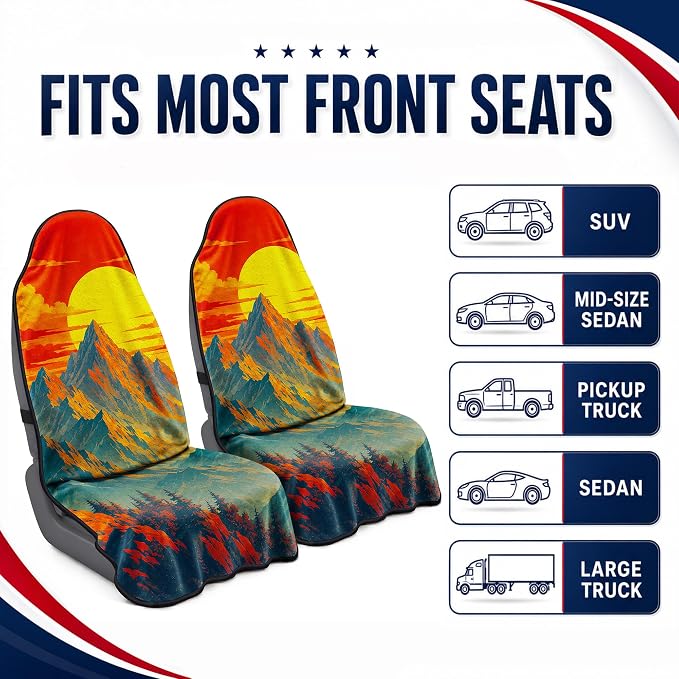 Car Seat Towel Cover 2 Pack for Front Seats, Sweat Absorbent Car Seat Protector with Non-Slip Backing, Waterproof Towel Car Seat Covers for Runners, Gym, Swimming, Beach, Mountain Sunset