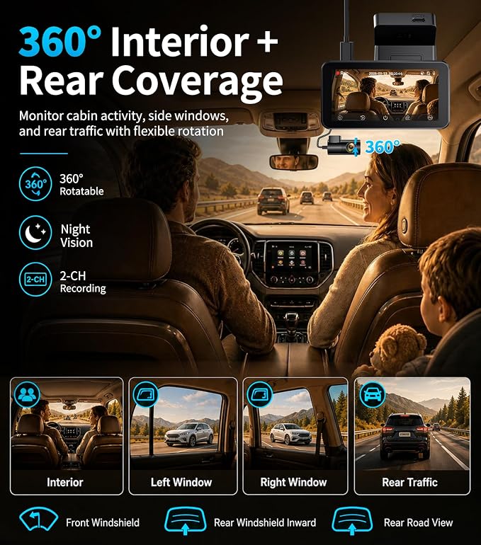 4K Dash Cam Front and Rear, 360° Interior Rear Camera for Cabin, Side & Rear - Dash Camera for Cars with 64GB Card, Low-Light Sensor, Wi-Fi 6 GPS, Touch Screen, HDR WDR, Support 1TB, A80T