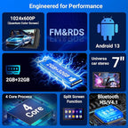 7 Inch Double DIN Car Stereo, Wireless Apple CarPlay & Android Auto, Android 13 Touchscreen Car Radio with GPS Navigation, 2GB+32GB, Steering Wheel Control, No Backup Camera