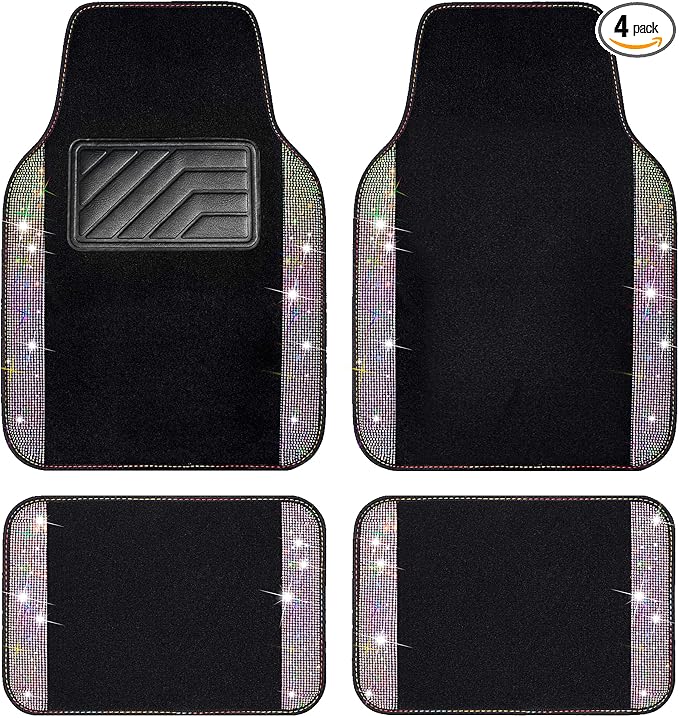 Iridescent Bling Rhinestones Diamond Car Floor Mats Waterproof, Anti-Slip PVC Heel Pad, Universal for Automotive SUV,Sedan,Van,4pcs Girl Women Lady Sparkly Shining Multicolor Colorful Crystal