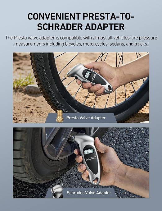 Digital Tire Pressure Gauge 0-150PSI, Accurate in 0.1 Increments, Tire Gauge with Backlit LCD and Presta Valve Adaptor, 4 Units of Measurement for Car Truck Bicycle, Silver 1Pack