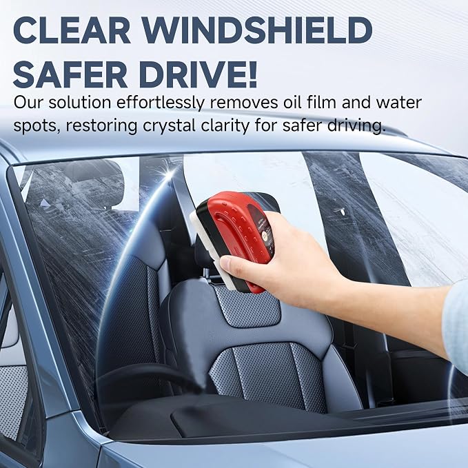 Oil Film Cleaning Brush for Car Windows Upgrade Clear Vision Car Glass Cleaner | Improves Crystal Clarity and Anti-Fog, Windshield Oil Film Remover Comes with Microfiber Towel for Car & Home Use (Red)
