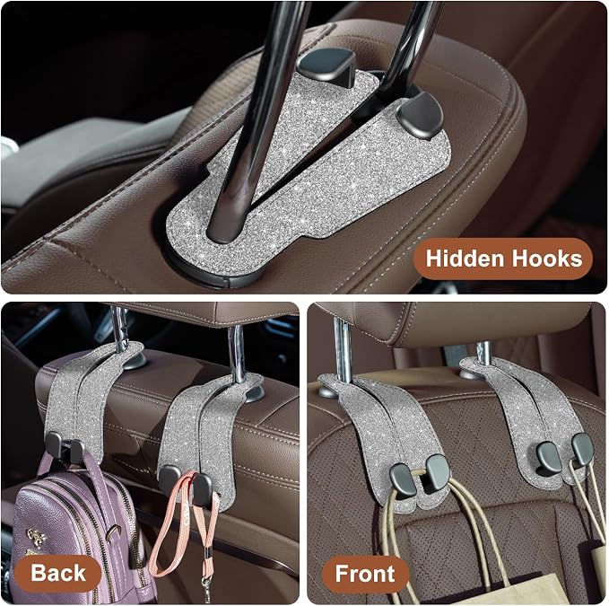CoBak Purse Hook for Car - Universal Premium Stitched Leather and Aluminum-Magnesium Alloy Double Car Seat Back Storage Hook for Purses, Handbags, Bags (2 Pack),Silver Glitter