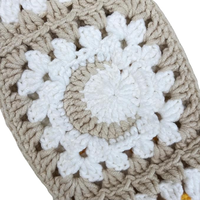 Handmade Crochet White Moon and Sun Car Steering Wheel Covers Universal 14-15 inch for Women and Men (Steer Wheel Cover+ 2 Belt Cover)