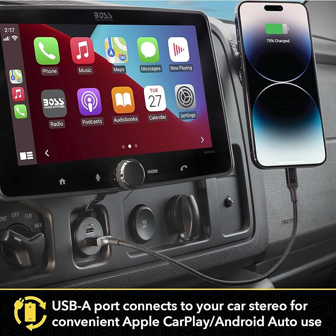 CPPDRLK-SP PowerVolt 27W Dash Port USB PD 3.0 Type-C Car Charger Compatible w/ Apple CarPlay & Android Auto Passthrough with USB-A to USB-C Adapter, Charger Socket for Car, Truck, Motorcycle