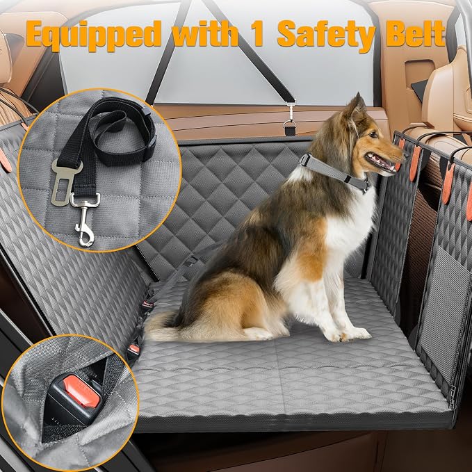Back Seat Extender for Dogs, Hard Bottom Dog Car Seat Cover - Supports 400lbs, Rear Seat Pet Cover with Mesh Window, Waterproof Dog Hammock for Car SUV