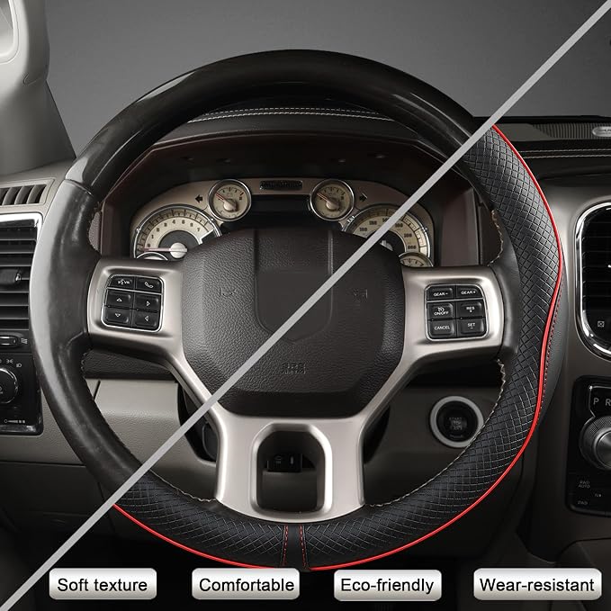 Customized Auto Car Steering Wheel Cover for Dodge RAM 1500 2500 3500, 15.5-16 inch (Black+Red Line-Large Size)