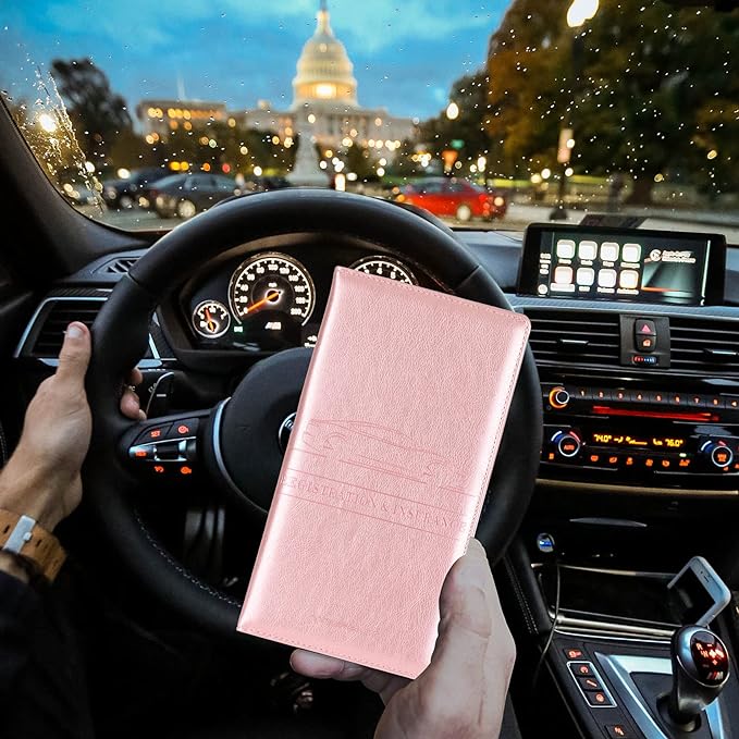 Car Registration and Insurance Card Holder, Vehicle License Document Glove Box Compartment Organizer, Interior Car Accessories for Women Men (Rose Gold)