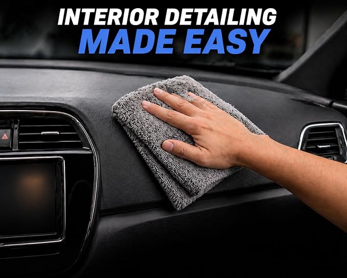 Premium Microfiber Towel for Cars 12 Pack, 400GSM, Quick-Dry, Scratch-Free, High and Low Pile Surface, Gray, Yellow, Blue,16 x 16 Inches, for Car Detailing and Household Use