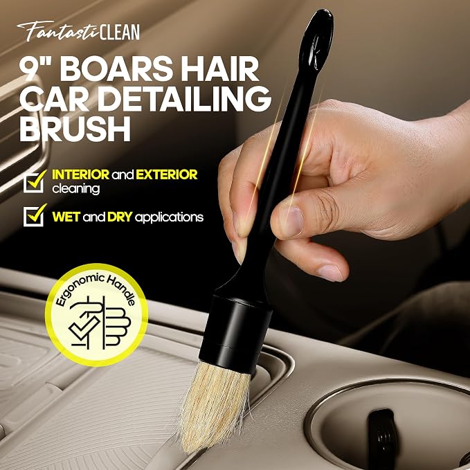 9PC Car Detailing Kit，Boars Hair Brush，Horse Hair Bristle，Suede-Coral Cloth，Car Dust Brush，Microfiber Towel & Applicator，Scratch-Free & Ultra-Soft for Leather, Seats & Interior Cleaning