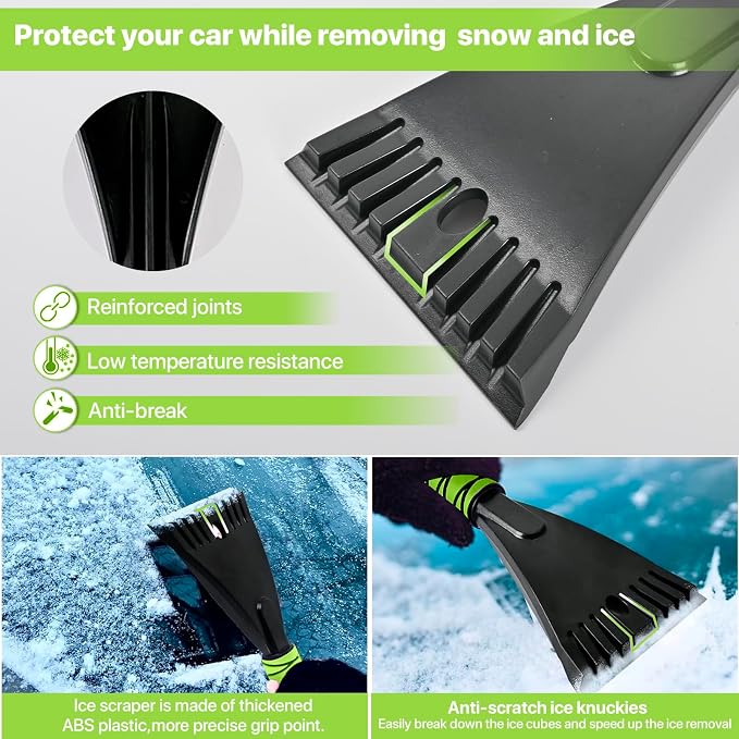 2 Pack 27" Snow Brush and Ice Scraper for Car Windshield - Green | Soft Non-Scratch Bristles, Non-Slip Foam Grip, Detachable Design, Car Snow Removal Tool for Windshields & Windows
