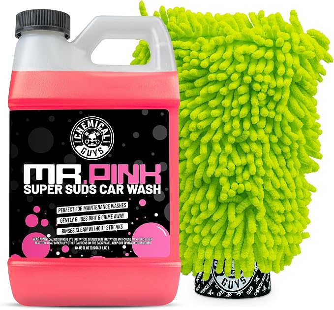 Mr. Pink Super Suds Car Wash Soap Plus Chenille Premium Microfiber Wash Mitt Bundle Kit, High Foaming Pink Shampoo And Scratch Free Wash Mitt For Cars Trucks SUVs Daily Drivers, 64 Fl Oz