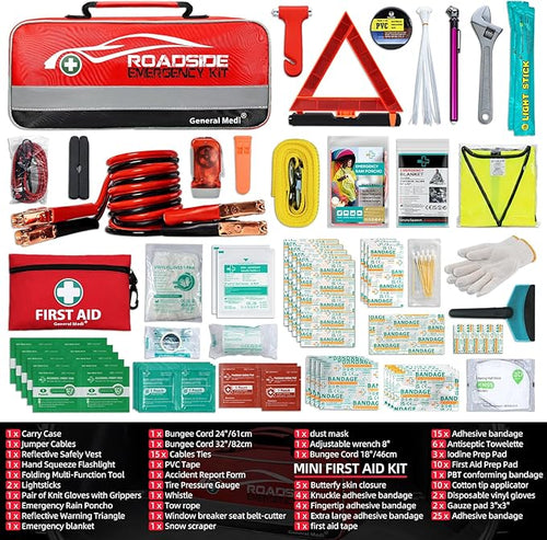 127-Pieces Roadside Car Emergency Kit Include Mini First Aid Kit, Jumper Cables,Tow Rope, Bandage, Safety Vest, Emergency Triangle, All in One Pack