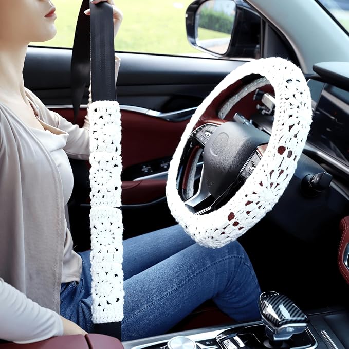 Crochet Steering Wheel Cover Set,Cute Car Steering Wheel Cover Boho 14-15 in,Handmade Sunflower Granny Square Pattern,Women Car Accessories (Wheel Cover Set)