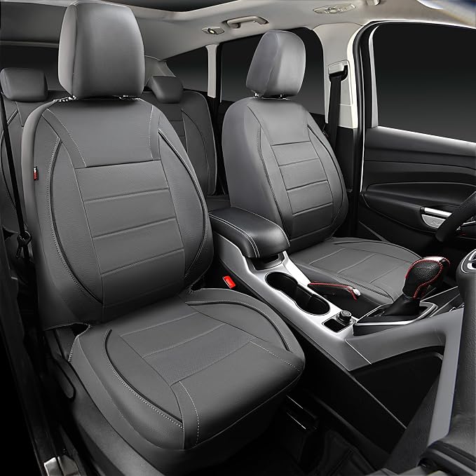Piping Faux Leather Car Seat Cover Full Set,Grey Breathable Leather Seat Covers for Cars, Airbag Compatible,Universal Fit for SUVs,Van,Sedans,Small Trucks (Full Set, All Gray)