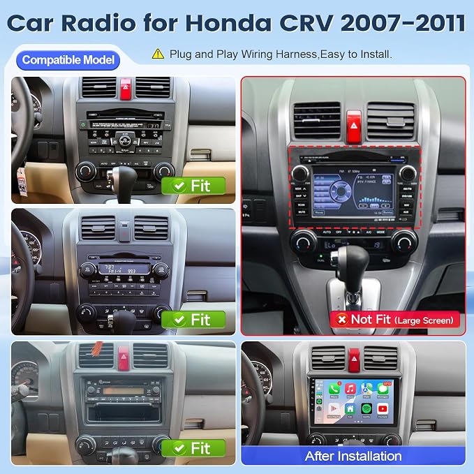 8 Core 4+64G Car Stereo for Honda CRV 2007-2011 Radio with Wireless Carplay Android Auto, 9'' Touchscreen for Honda CRV GPS Navigation Bluetooth WiFi Rear Camera FM Mirrorlink Split Screen SWC