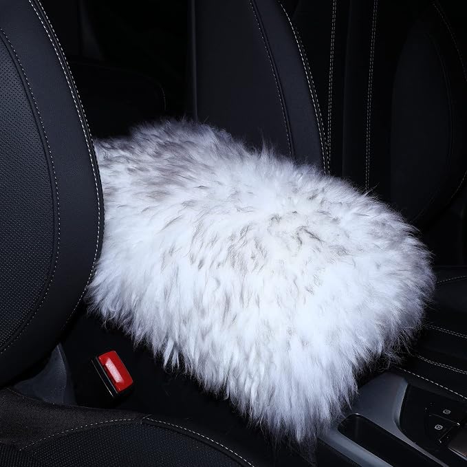 Furry Armrest Cover Auto Center Console Cover Car Soft Console Pad, Real Sheepskin Wool Soft Fluffy Auto Center Armrest Pad for Most Car Decoration Protector(Gray)