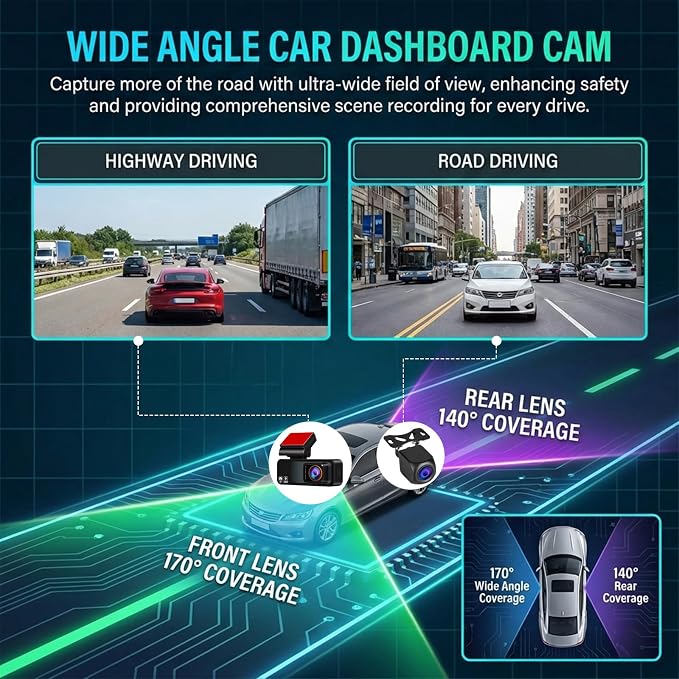 4K Dash Cam Front and Rear, 3.16" Screen Dual Dash Camera for Cars with WiFi & GPS, Night Vision, 170°Wide Angle Car Dashboard Cam, G-Sensor, Loop Recording, 64GB Card Included