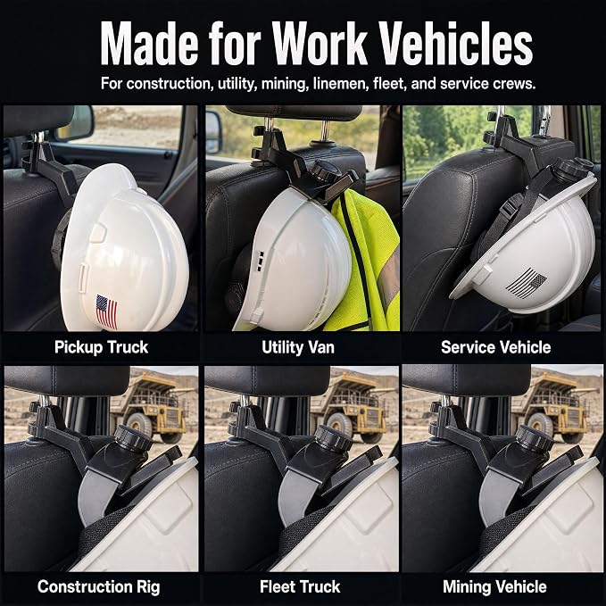2 Pcs Hard Hat Holder for Truck Seat - 3-Second Install Headrest Hook Hanger for Hardhat and Safety Vest Storage, Hard Hat Buddy Rack Accessories for Construction, Utility & Linemen Black